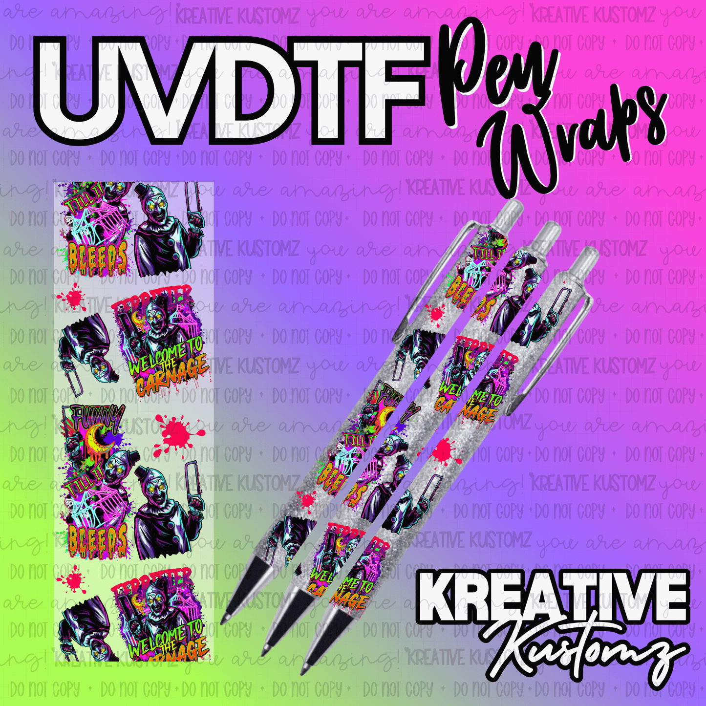 A UV DTF adhesive pen wrap featuring a horror-themed clown design on a sheet and applied to pens.