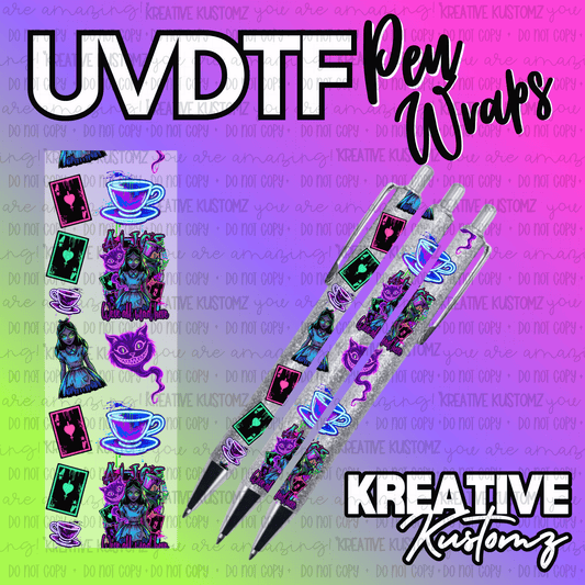 An Alice in Wonderland themed UV DTF adhesive pen wrap featuring characters and playing cards.