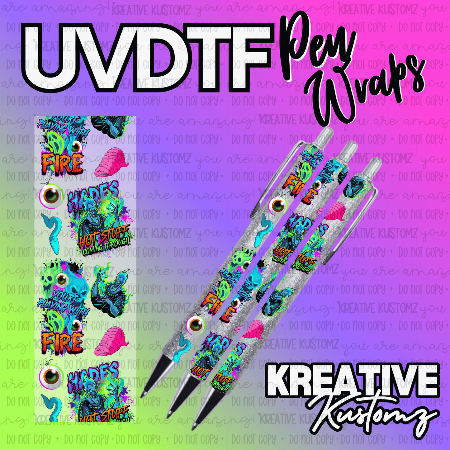 A Hades themed UV DTF adhesive pen wrap featuring fire and eyeball graphics on a glittery pen.