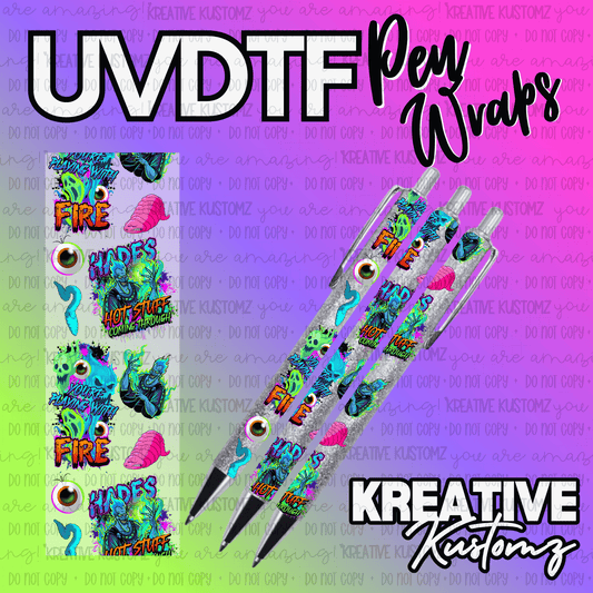 A Hades themed UV DTF adhesive pen wrap featuring fire and eyeball graphics on a glittery pen.