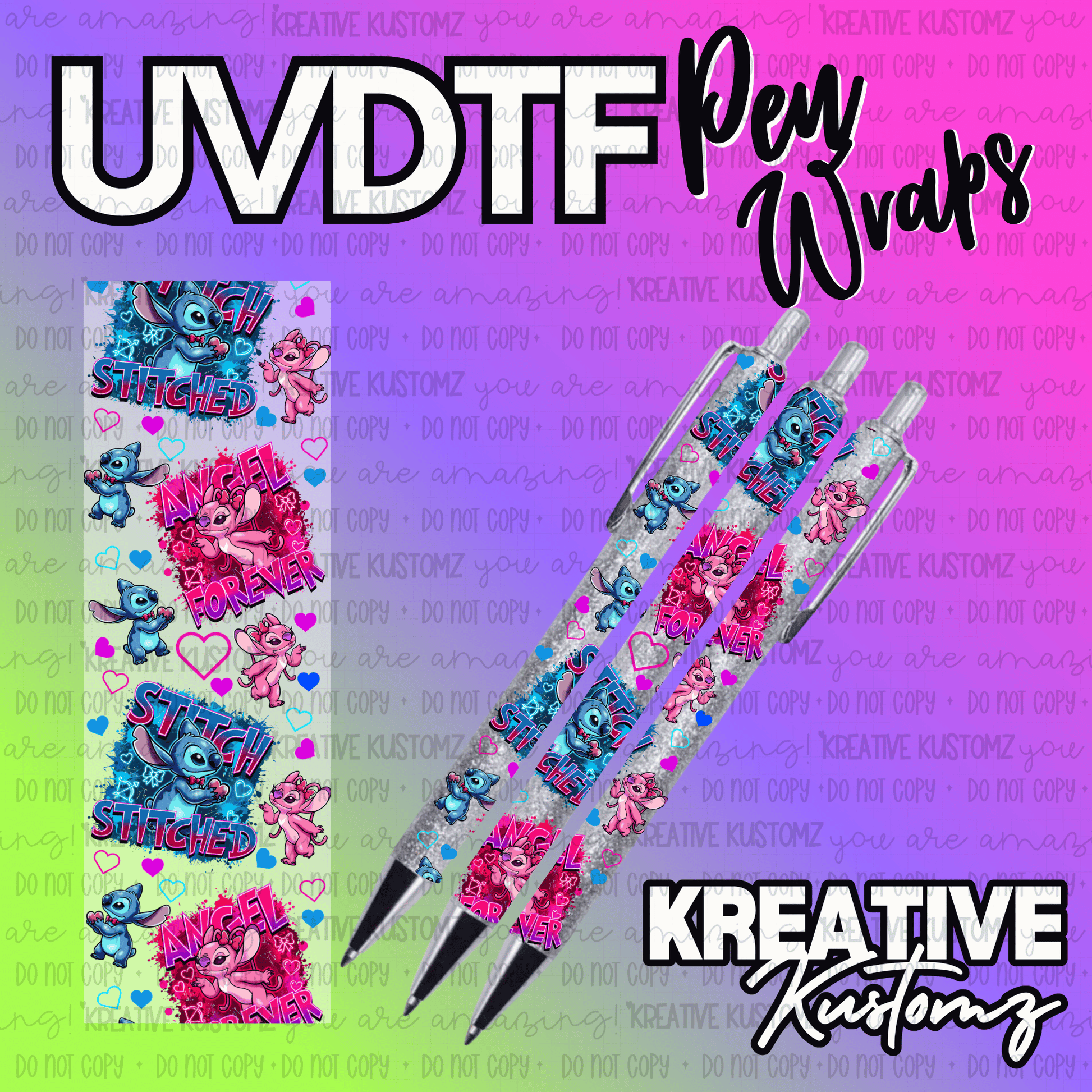A UV DTF adhesive pen wrap featuring Stitch and Angel characters on a glittery background.