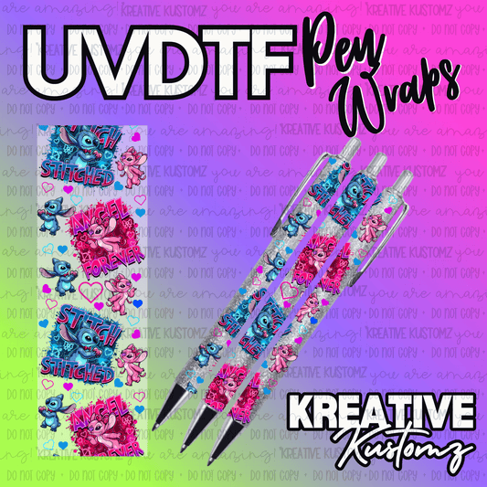 A UV DTF adhesive pen wrap featuring Stitch and Angel characters on a glittery background.