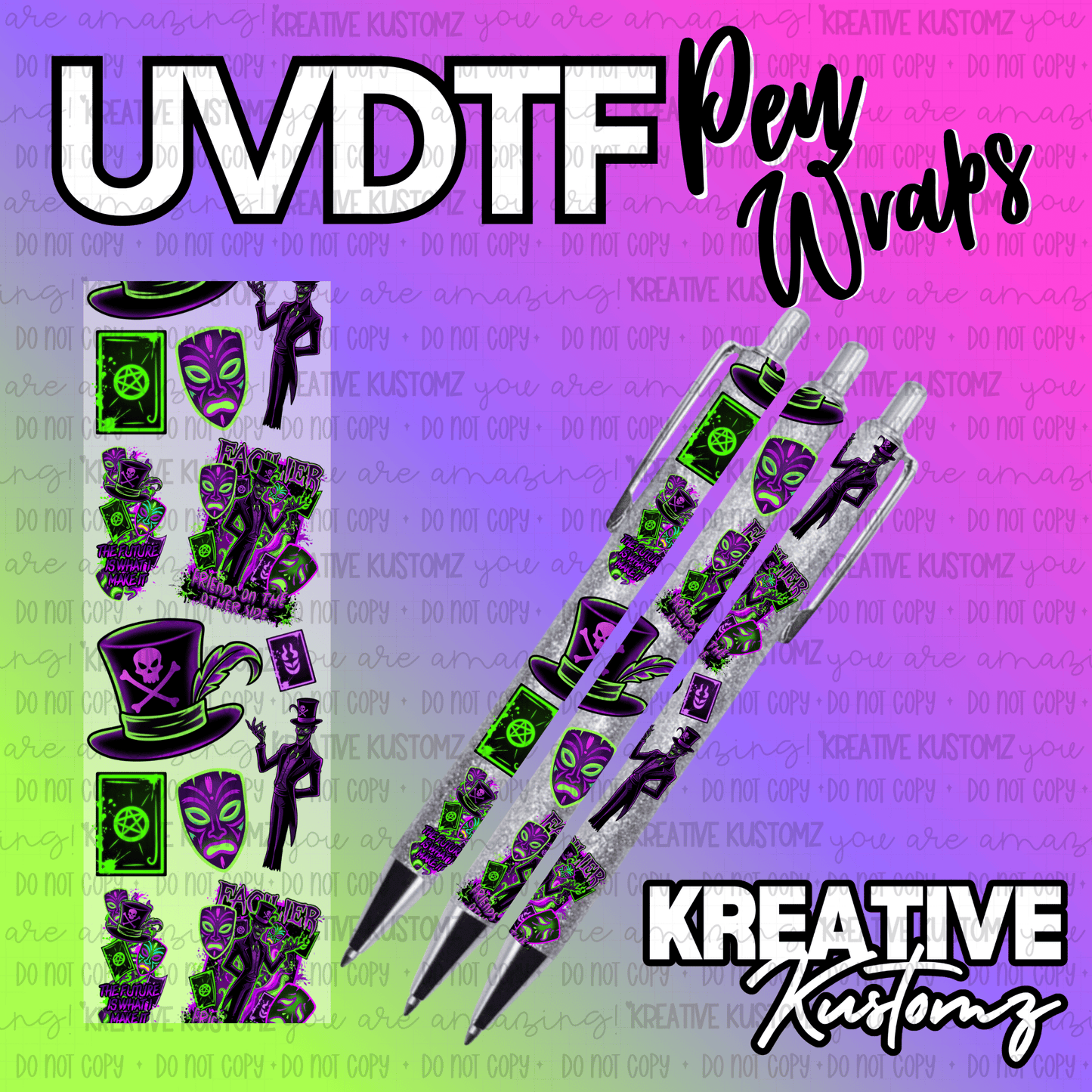 A UV DTF adhesive pen wrap featuring a purple and green Dr. Facilier inspired design.