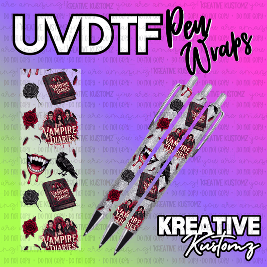 A Vampire Diaries themed UV DTF adhesive pen wrap featuring character and show imagery.