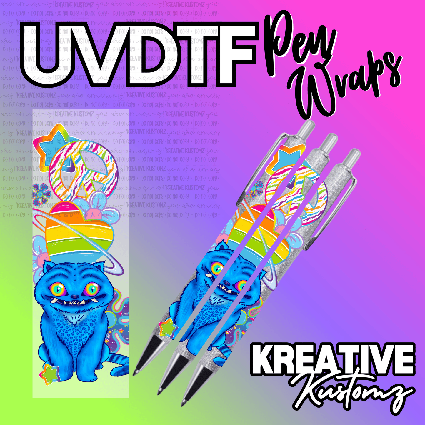 A UV DTF adhesive pen wrap featuring a blue monster, a rainbow peace sign, and a planet.