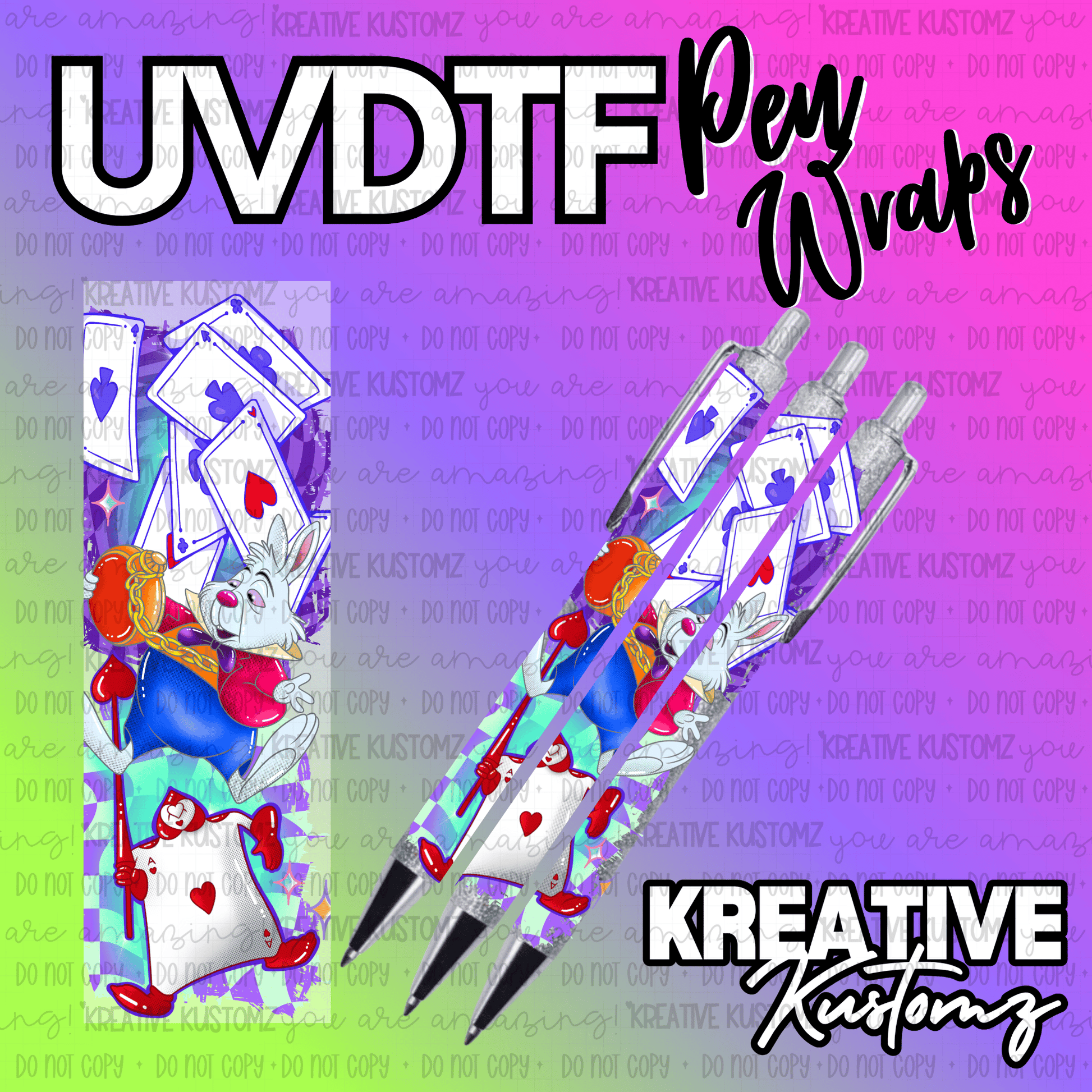 A UV DTF pen wrap featuring an Alice in Wonderland theme with playing cards and a white rabbit.