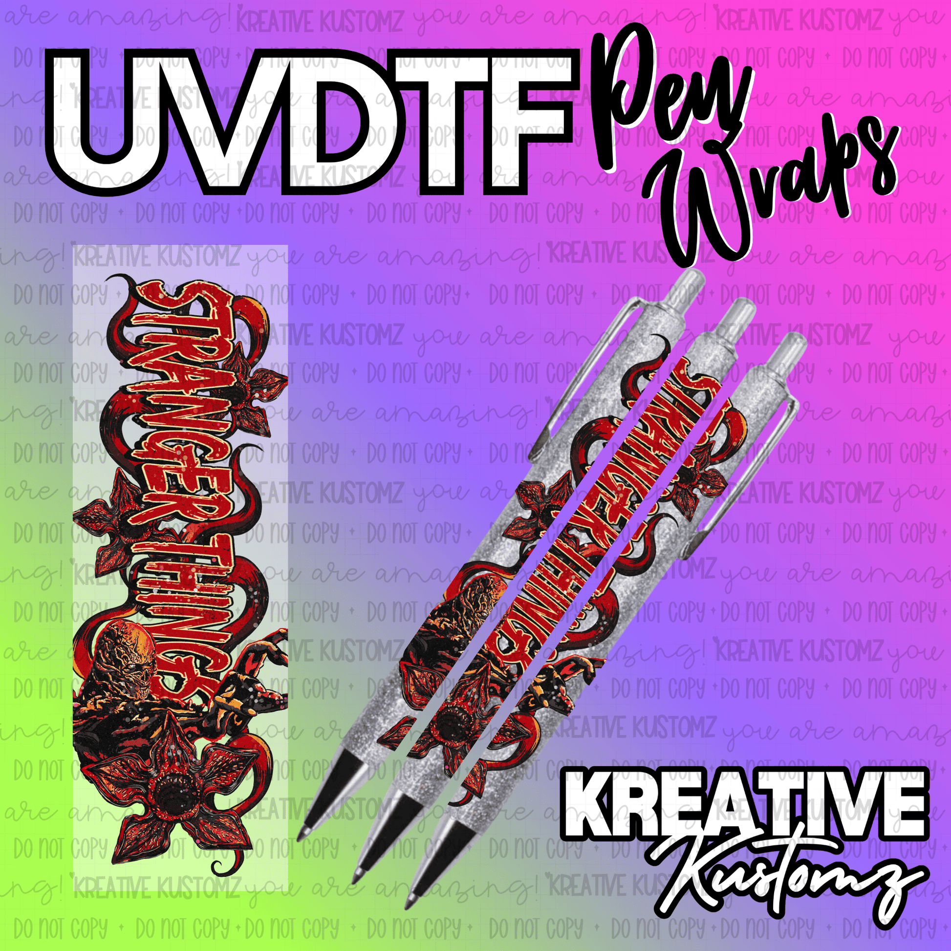A Stranger Things themed UV DTF adhesive pen wrap featuring a Demogorgon design.
