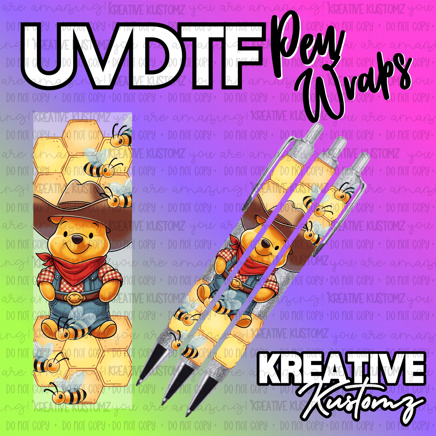 A Winnie the Pooh cowboy themed UV DTF adhesive pen wrap featuring bees and honeycomb patterns.
