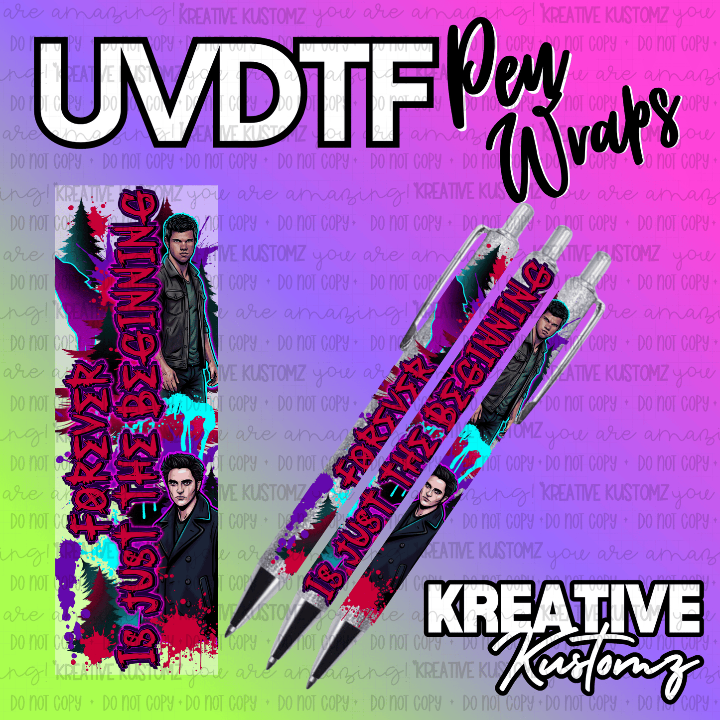 A Twilight themed UV DTF pen wrap featuring character illustrations and text on a colorful background.