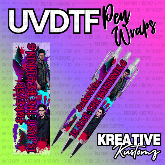 A Twilight themed UV DTF pen wrap featuring character illustrations and text on a colorful background.
