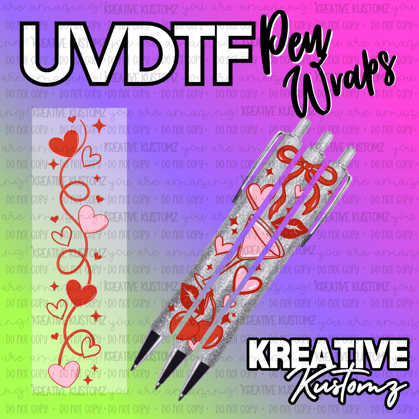 A UV DTF adhesive pen wrap featuring a red heart and cherry design on a glittery pen.