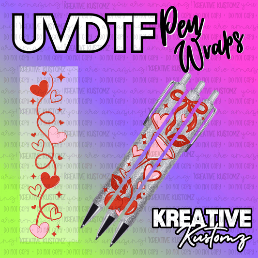 A UV DTF adhesive pen wrap featuring a red heart and cherry design on a glittery pen.