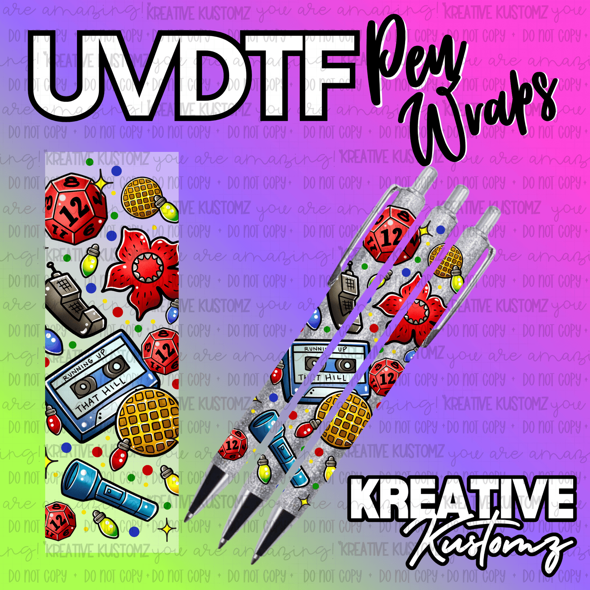 A Stranger Things themed UV DTF pen wrap featuring dice, waffles, cassettes, and light bulbs.