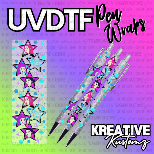 A UV DTF adhesive pen wrap featuring a K-pop demon hunter theme with stars and character portraits.