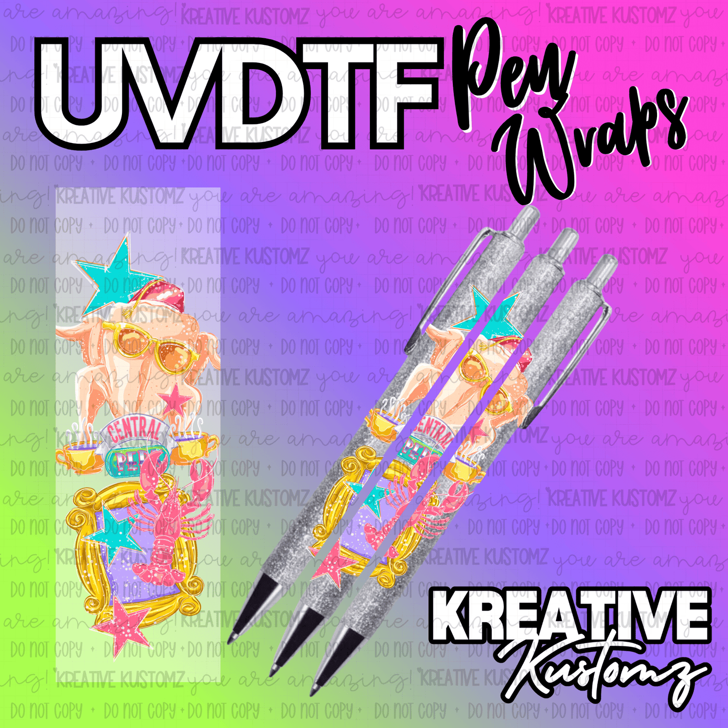 A Friends-themed UV DTF adhesive pen wrap featuring a turkey, lobster, and Central Perk logo.
