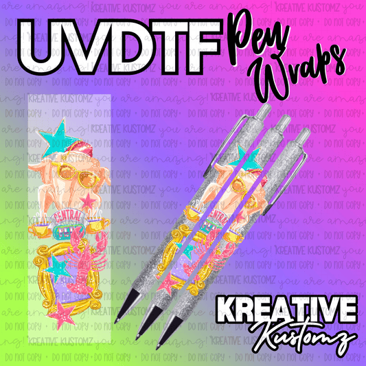 A Friends-themed UV DTF adhesive pen wrap featuring a turkey, lobster, and Central Perk logo.
