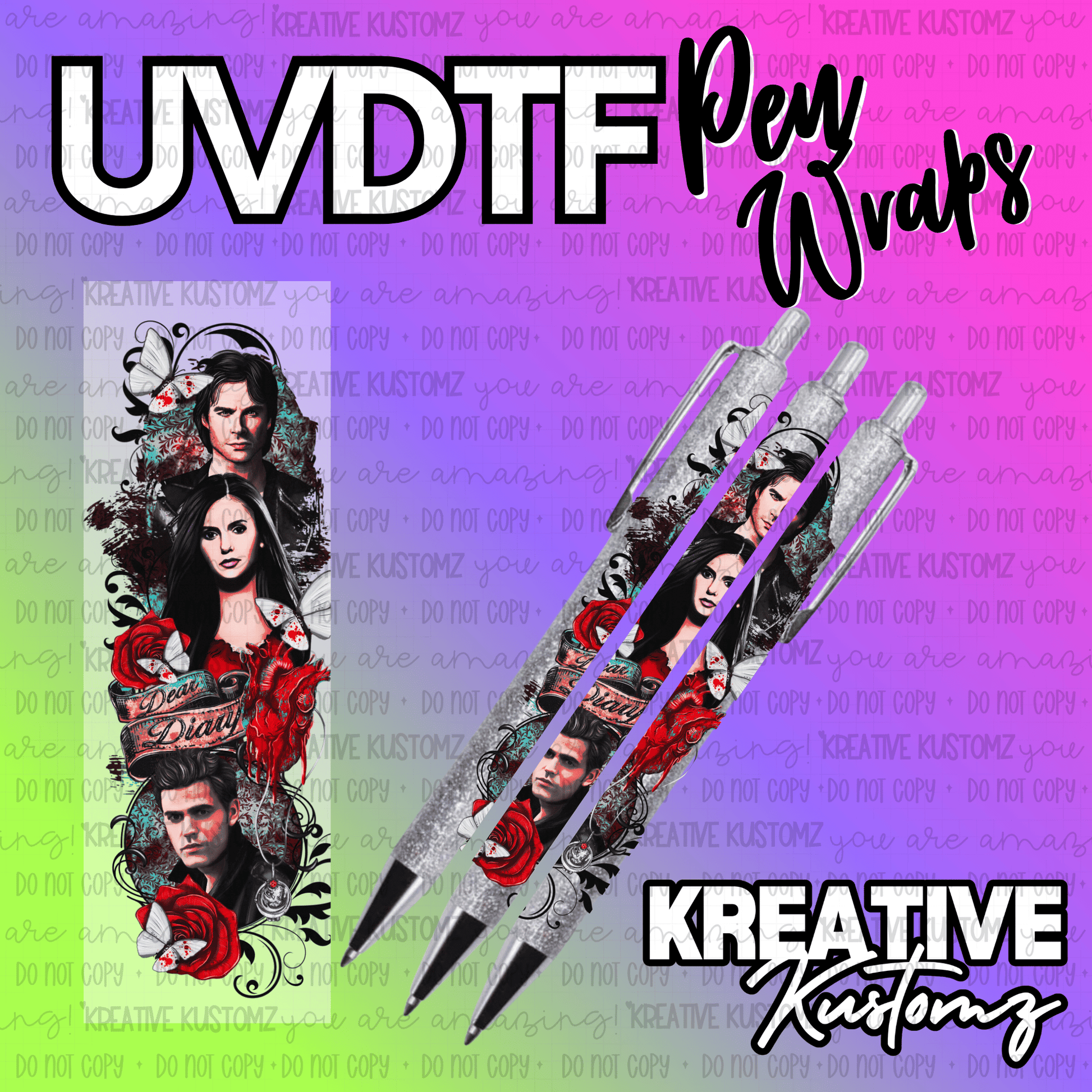 A Vampire Diaries themed UV DTF adhesive pen wrap featuring character portraits and roses.
