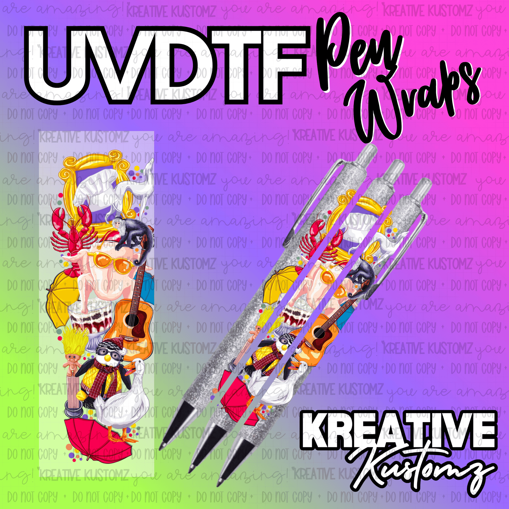 An artistic UV DTF adhesive pen wrap featuring a collage of colorful, whimsical illustrations.