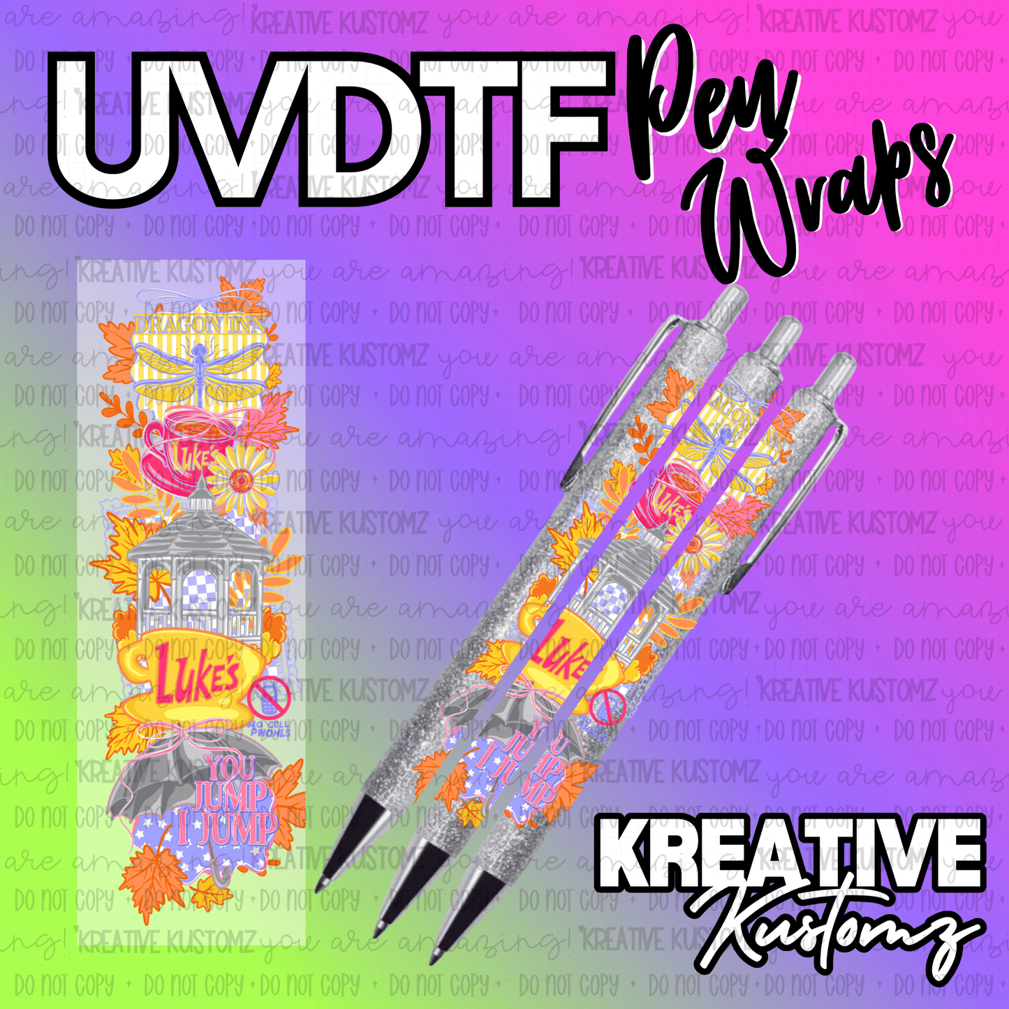 A Gilmore Girls themed UV DTF adhesive pen wrap featuring a gazebo, dragonfly, and autumn leaves.