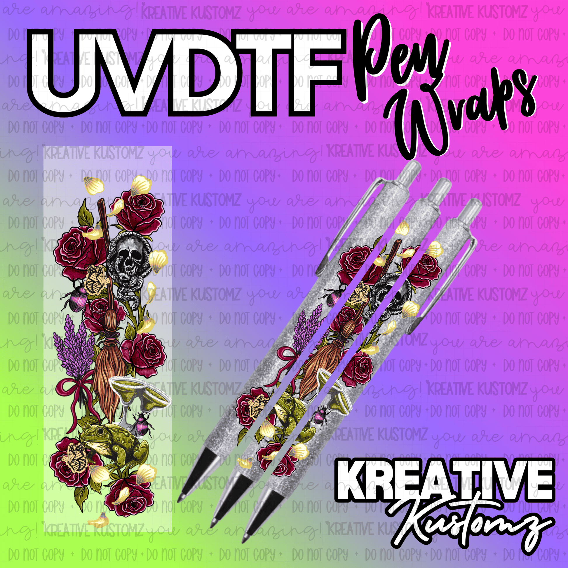 A UV DTF pen wrap featuring a gothic design with roses, a skull, a broom, and a frog.