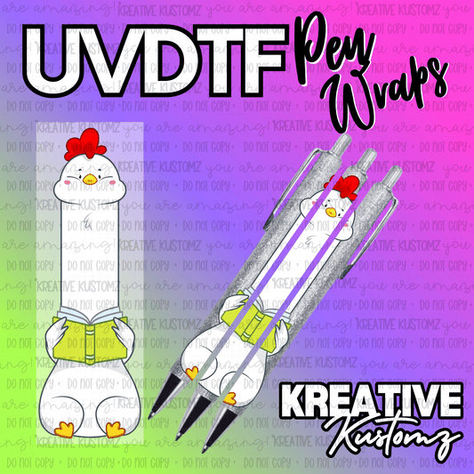 A UV DTF adhesive pen wrap featuring a cartoon chicken reading a book.