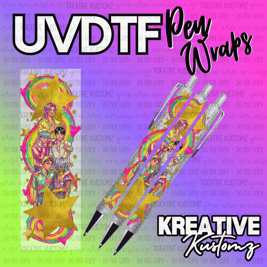 A UV DTF adhesive pen wrap featuring a colorful illustration of five men with gold stars.