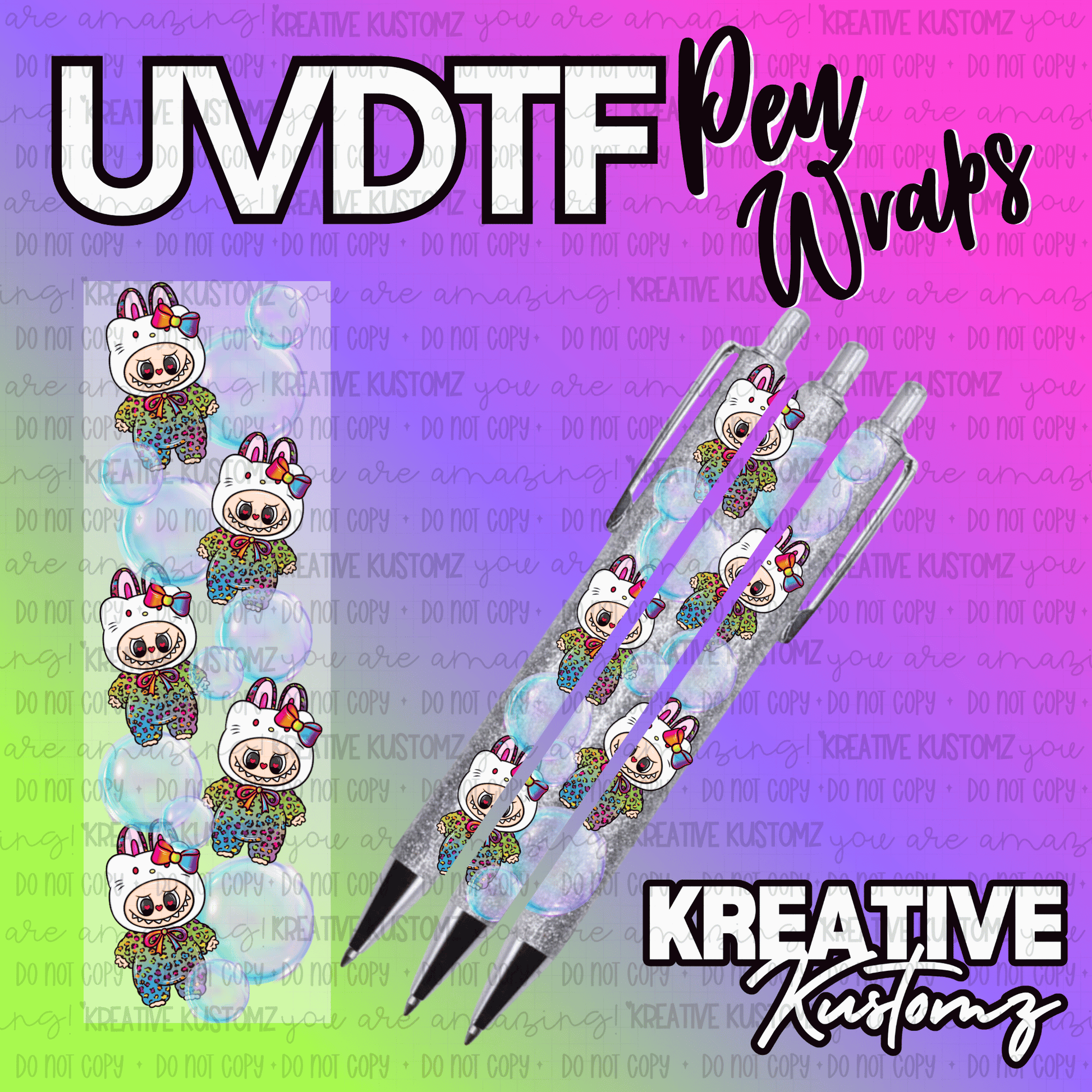 A UV DTF adhesive pen wrap featuring a cartoon bunny character surrounded by bubbles.