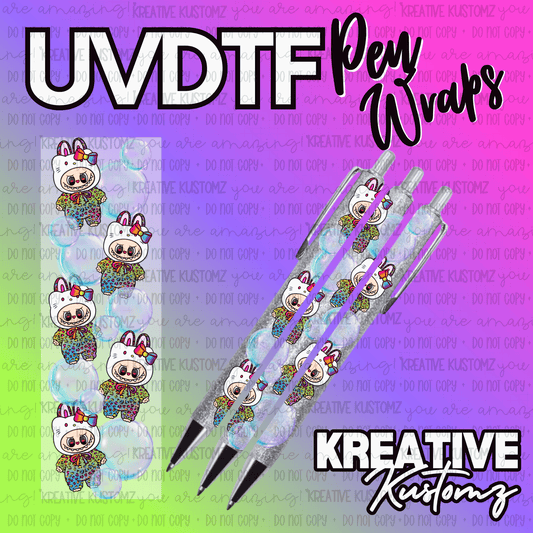 A UV DTF adhesive pen wrap featuring a cartoon bunny character surrounded by bubbles.