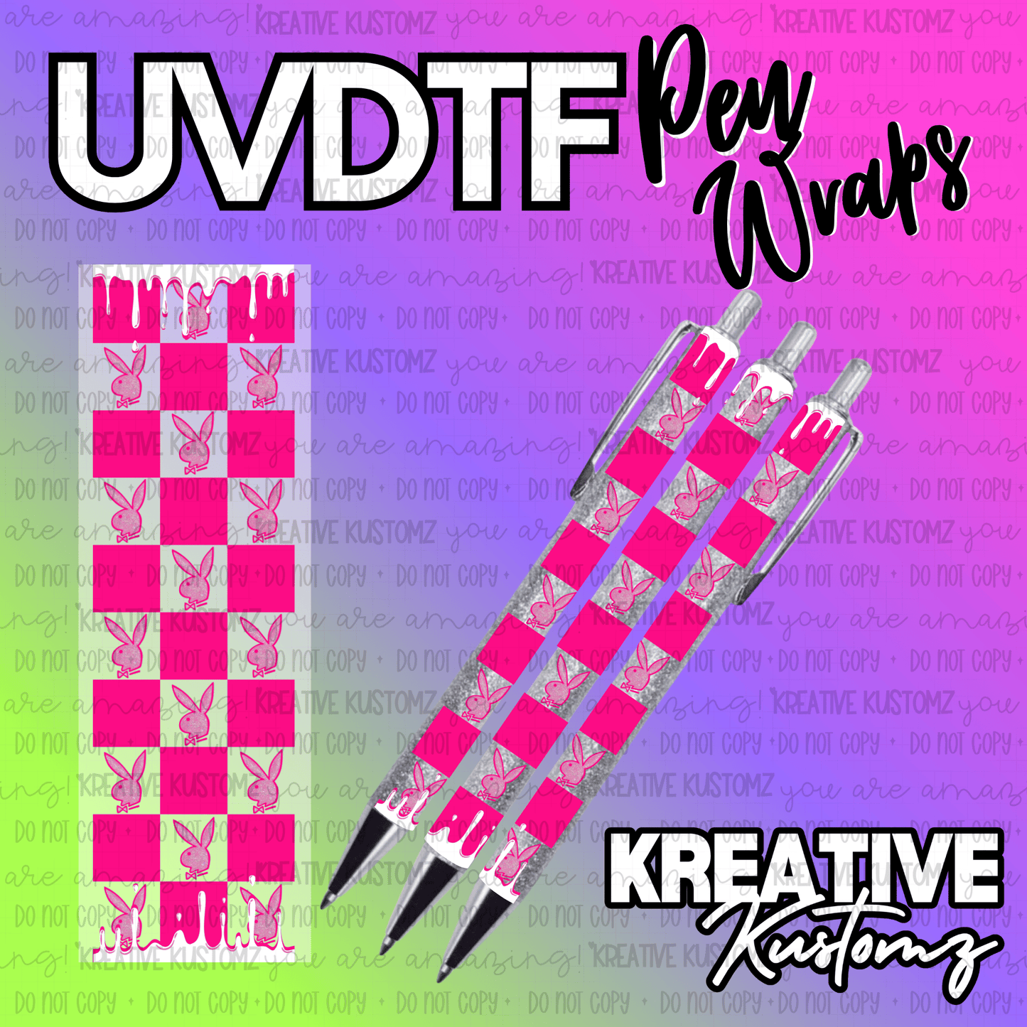 A pink and silver checkered pen wrap decal featuring bunny silhouettes and a drip design.