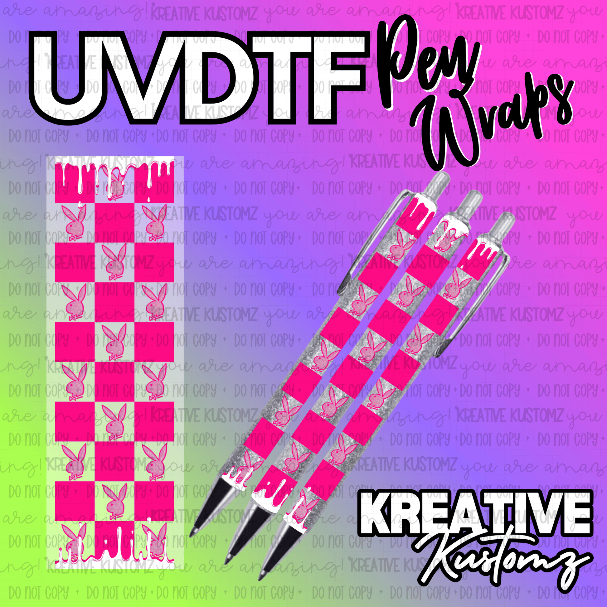 A pink and silver checkered pen wrap decal featuring bunny silhouettes and a drip design.