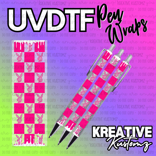 A pink and silver checkered pen wrap decal featuring bunny silhouettes and a drip design.