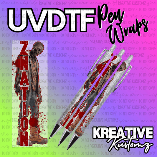 A UV DTF adhesive pen wrap featuring a zombie design with the word ZNATION in red letters.