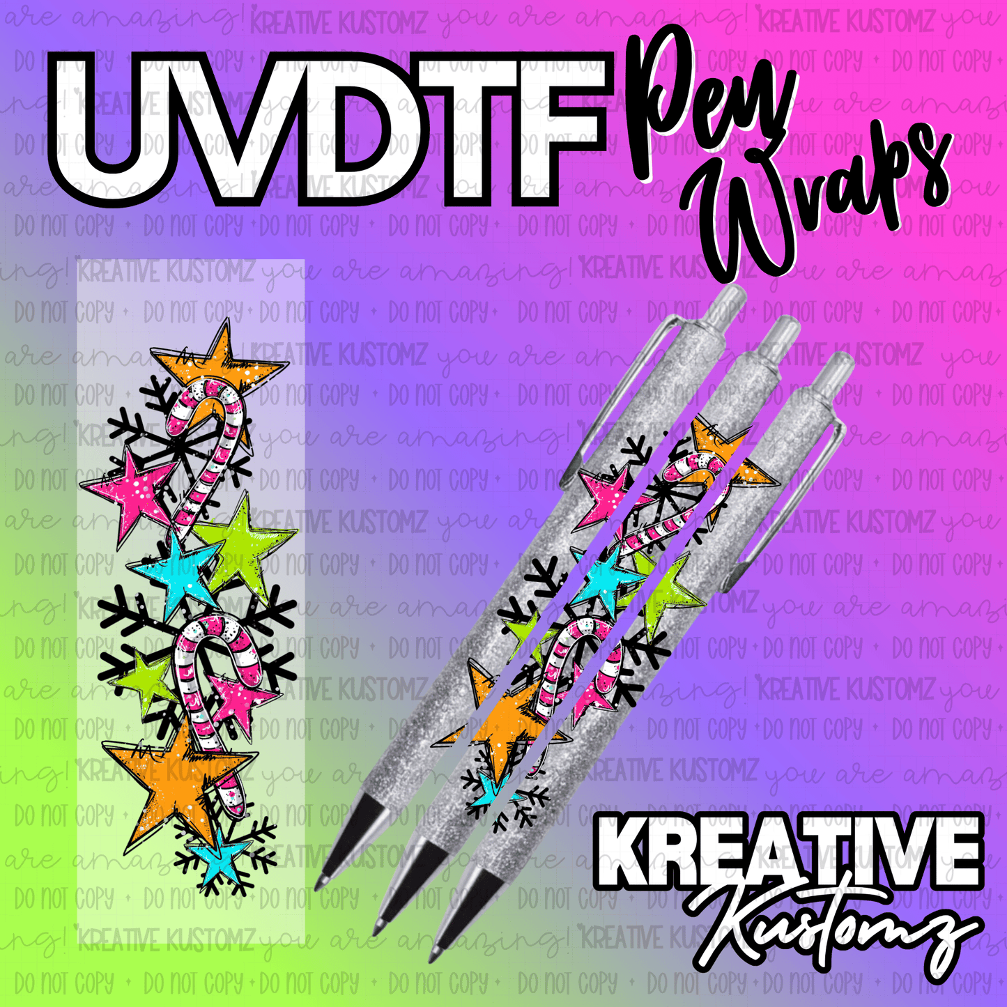 A colorful UV DTF pen wrap featuring candy canes, stars, and snowflakes on a glittery background.