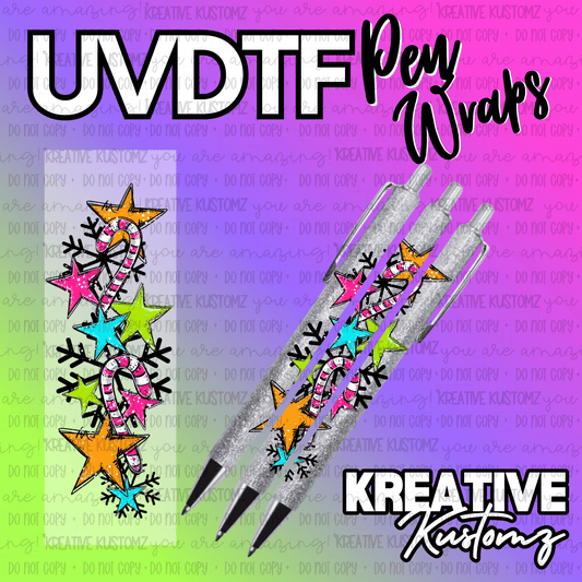 A colorful UV DTF pen wrap featuring candy canes, stars, and snowflakes on a glittery background.