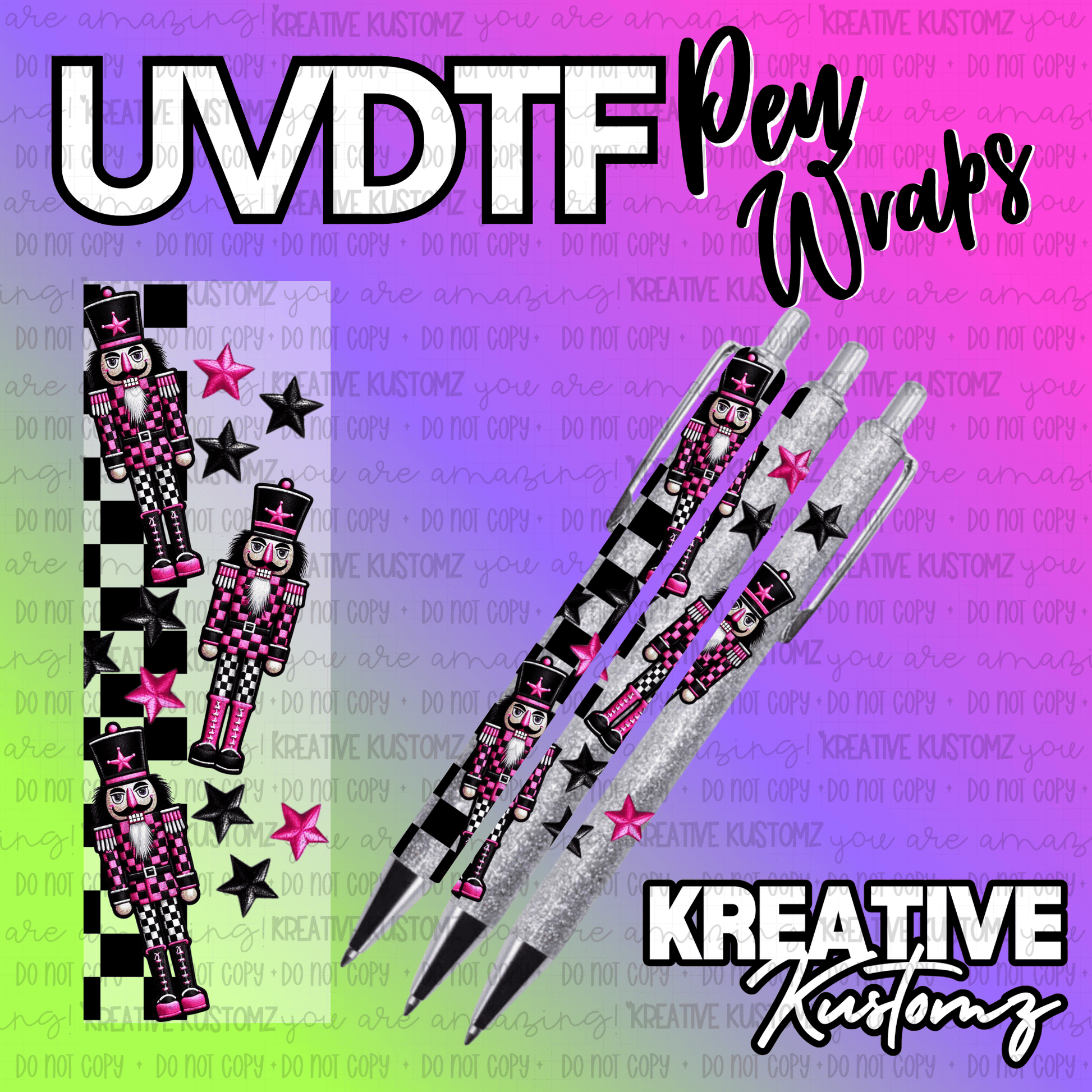 A UV DTF pen wrap featuring a pink and black nutcracker pattern with stars on a checkered background.
