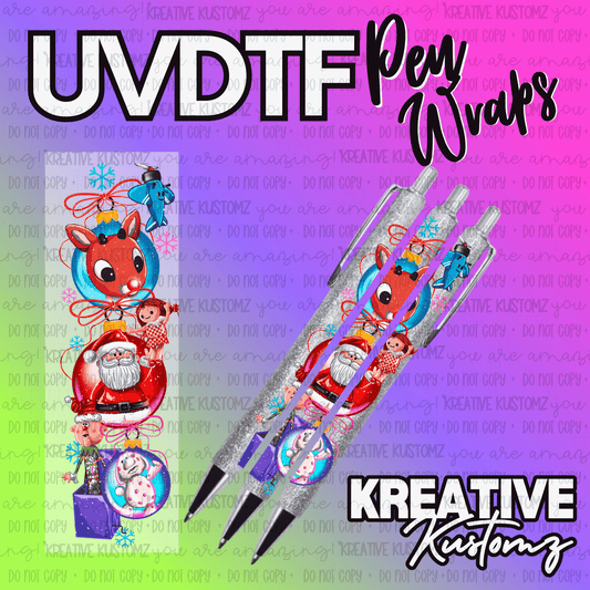 A Christmas-themed UV DTF adhesive pen wrap featuring Santa, reindeer, and ornaments.