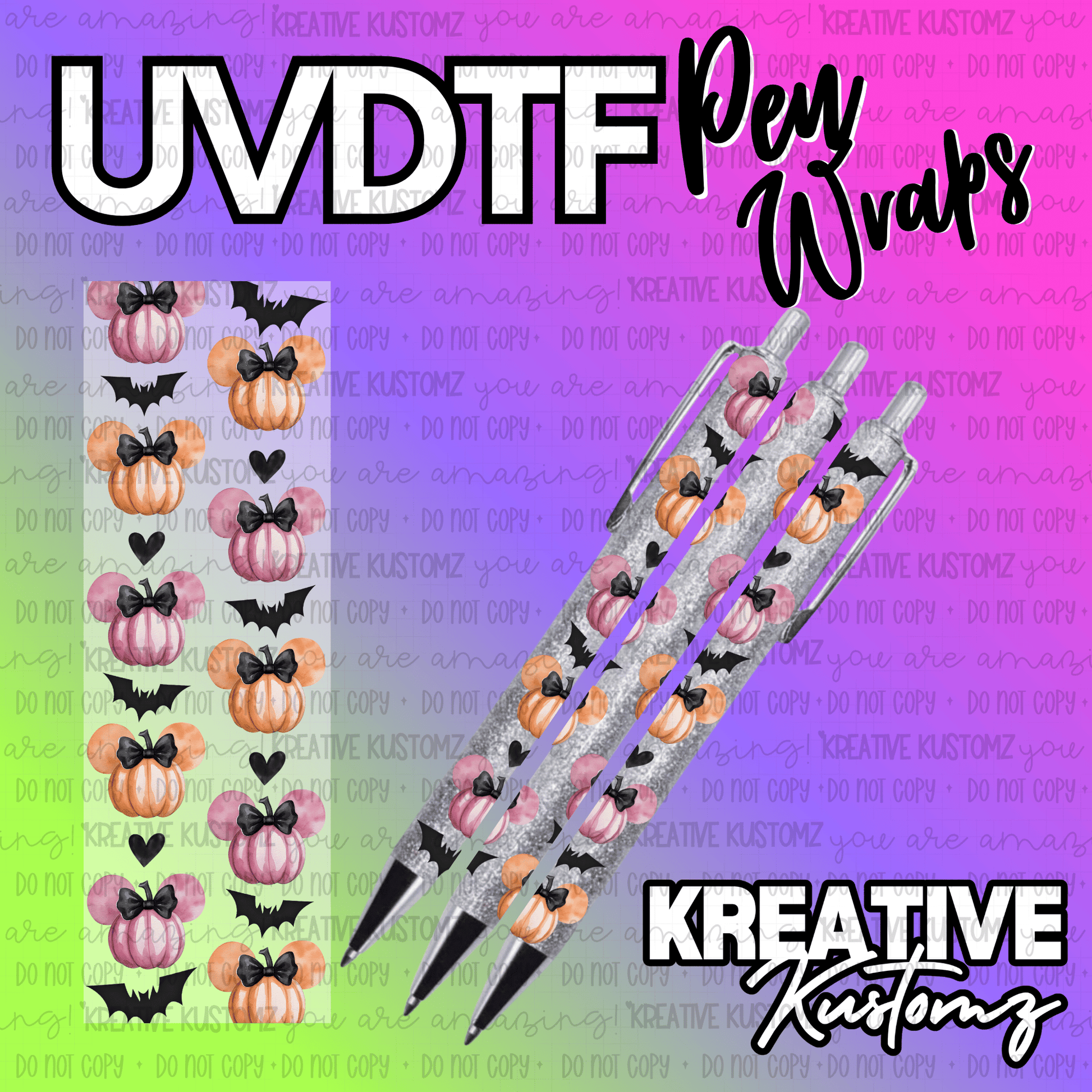 A UV DTF adhesive pen wrap featuring a pattern of pink and orange pumpkin icons and black bats.