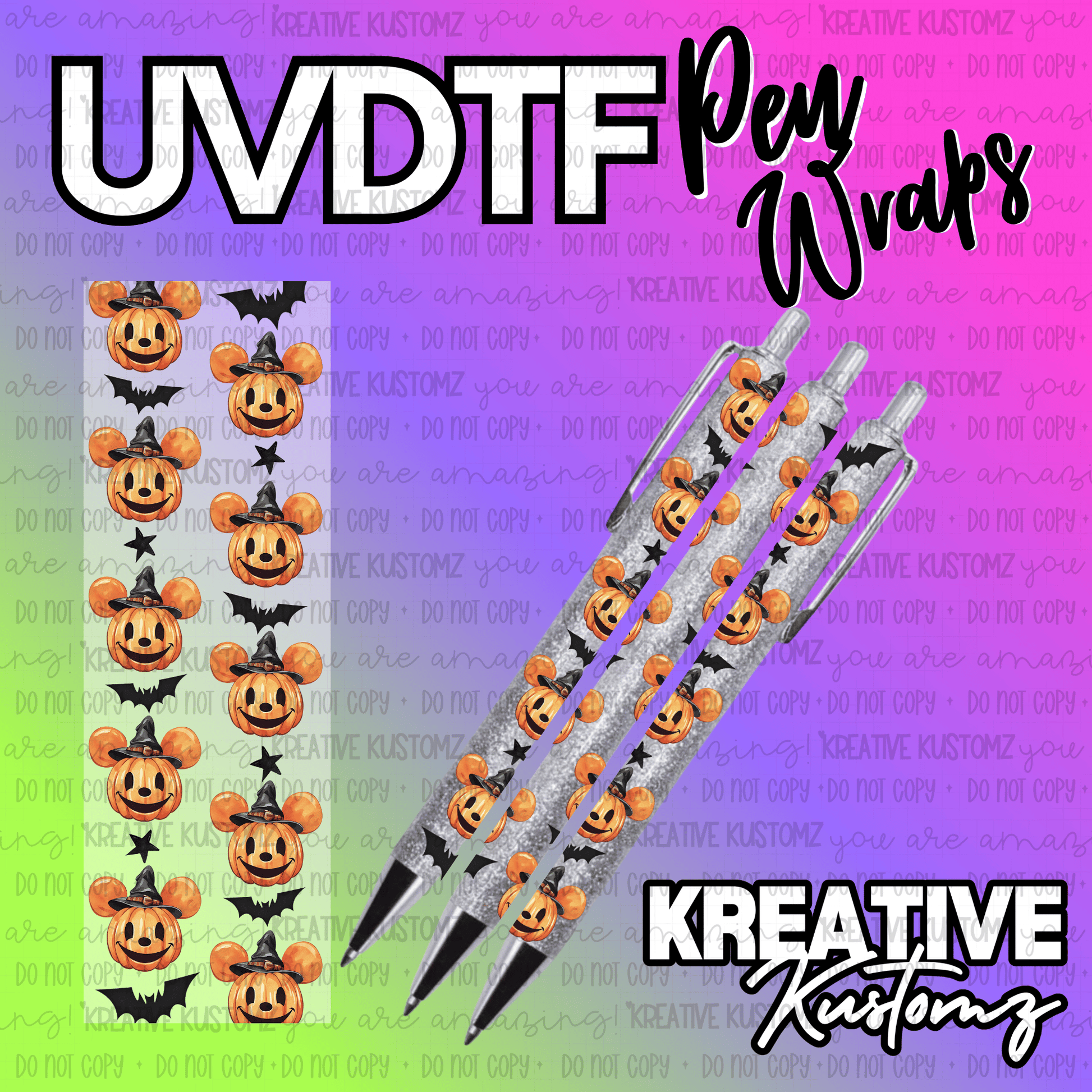 A Halloween themed UV DTF pen wrap featuring Mickey-shaped pumpkins and bats on a clear backing.