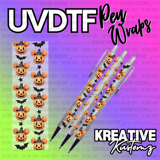 A Halloween themed UV DTF pen wrap featuring Mickey-shaped pumpkins and bats on a clear backing.