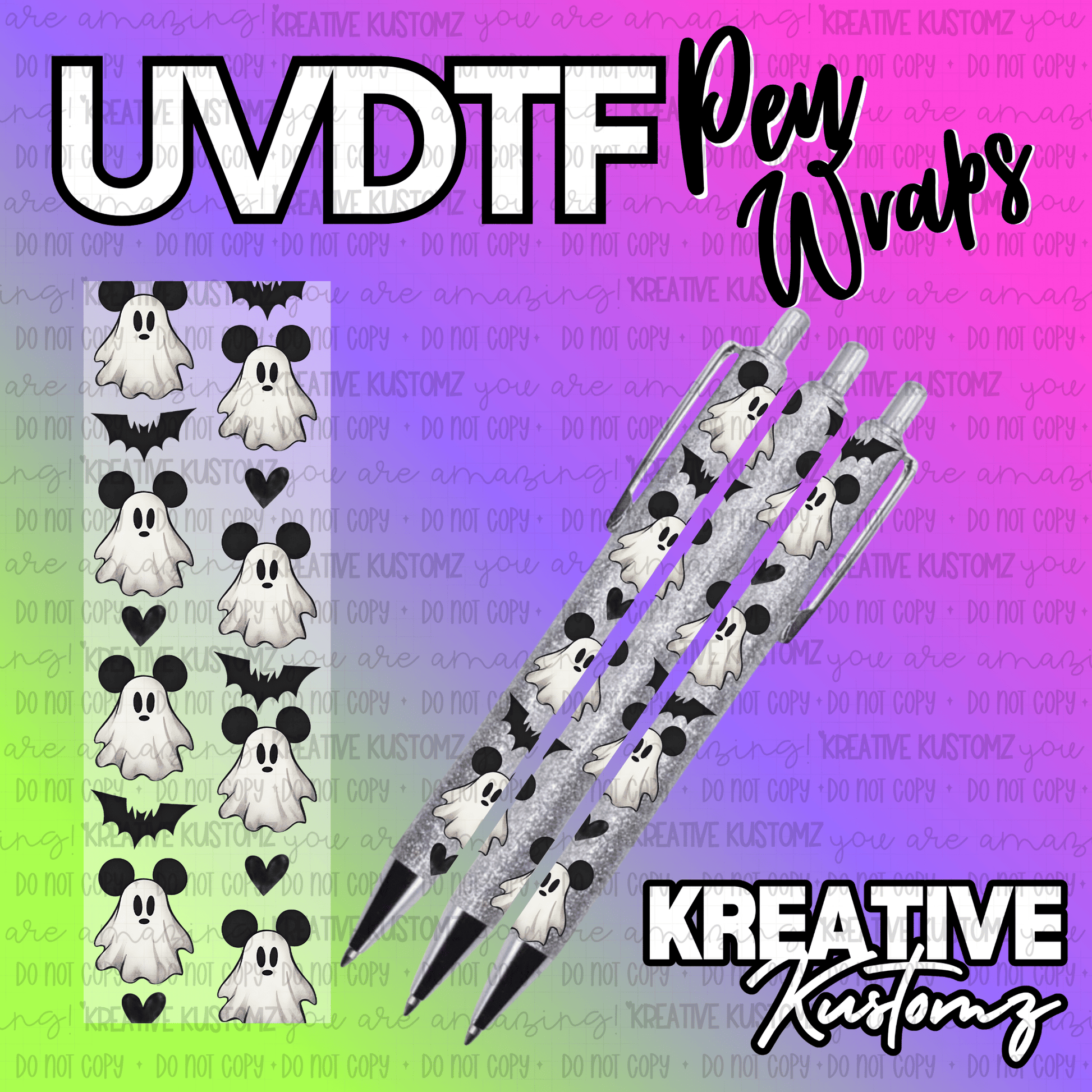 A UV DTF adhesive pen wrap featuring a pattern of Mickey Mouse-shaped ghosts and black bats.