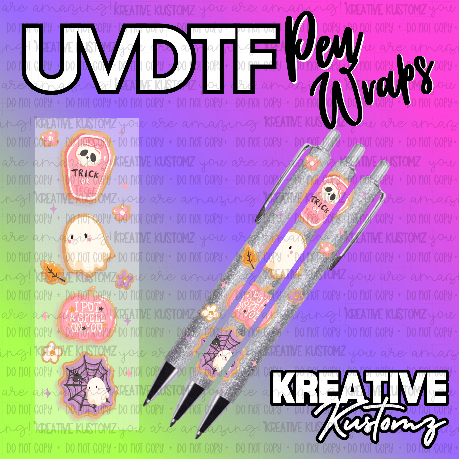 A Halloween themed UV DTF adhesive pen wrap featuring ghosts, pumpkins, and spiderwebs.
