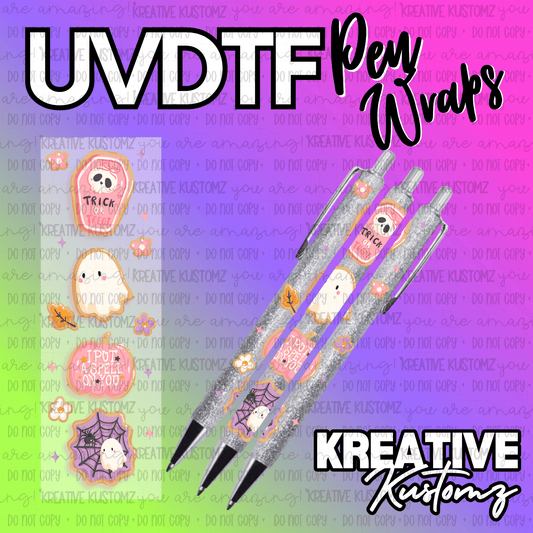 A Halloween themed UV DTF adhesive pen wrap featuring ghosts, pumpkins, and spiderwebs.