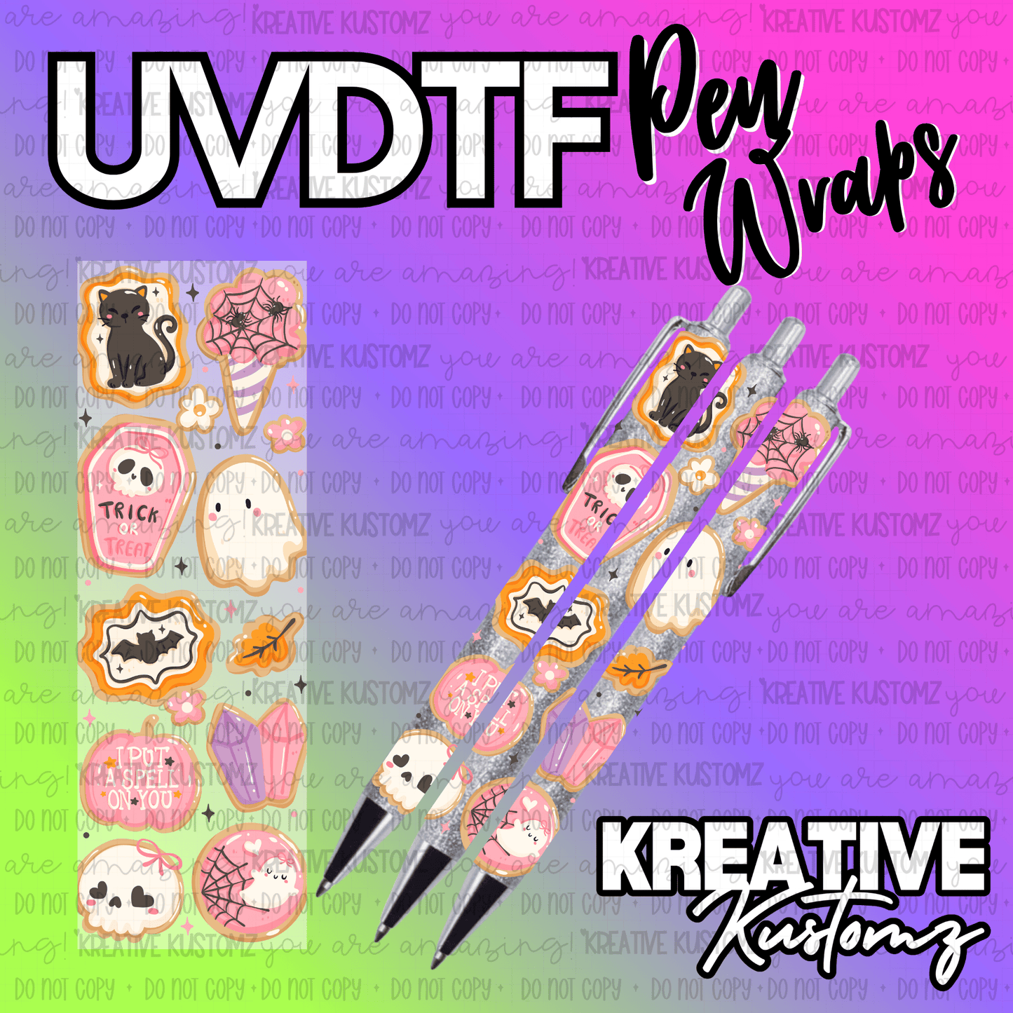 A Halloween-themed UV DTF adhesive pen wrap featuring cookies, ghosts, and bats.