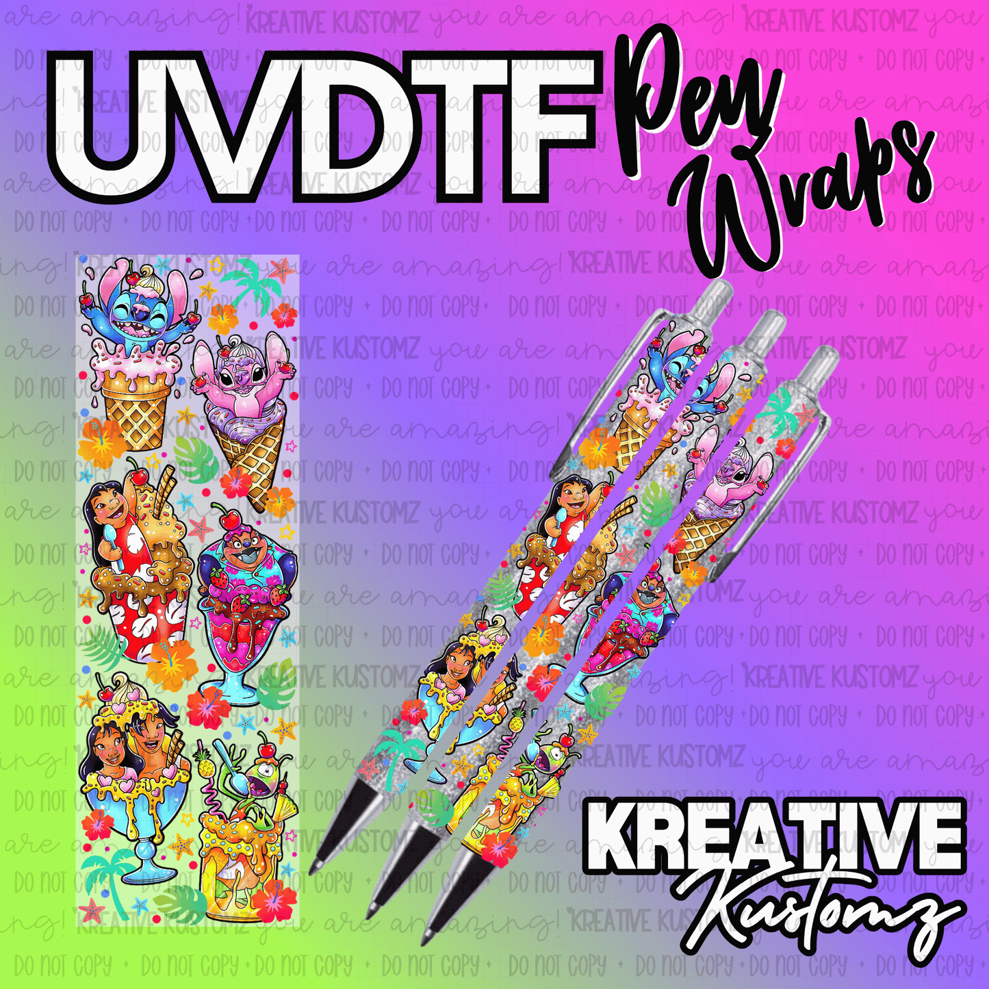 A Lilo and Stitch themed UV DTF adhesive pen wrap featuring colorful tropical dessert designs.