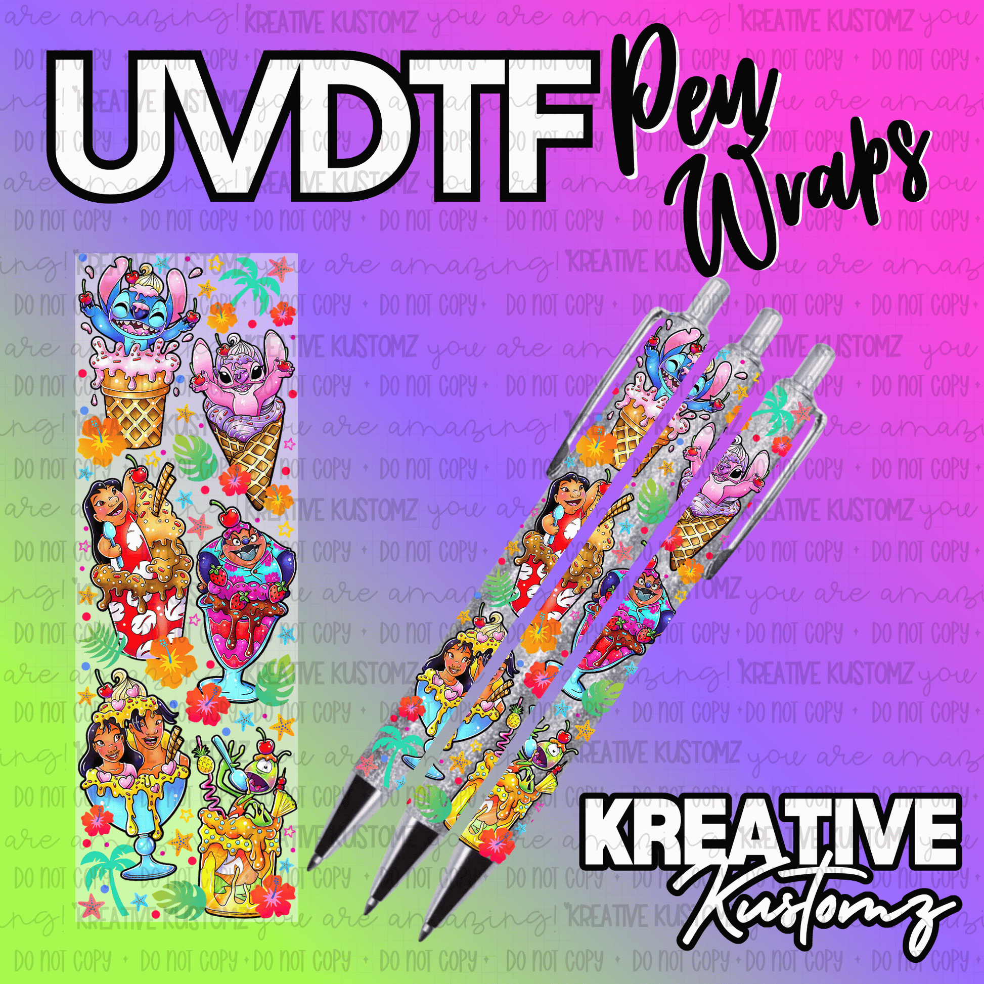 A Lilo and Stitch themed UV DTF adhesive pen wrap featuring colorful tropical dessert designs.