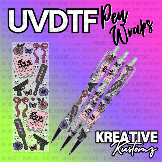 A UV DTF pen wrap featuring a dark romance theme with books, roses, and pistols on a glitter base.