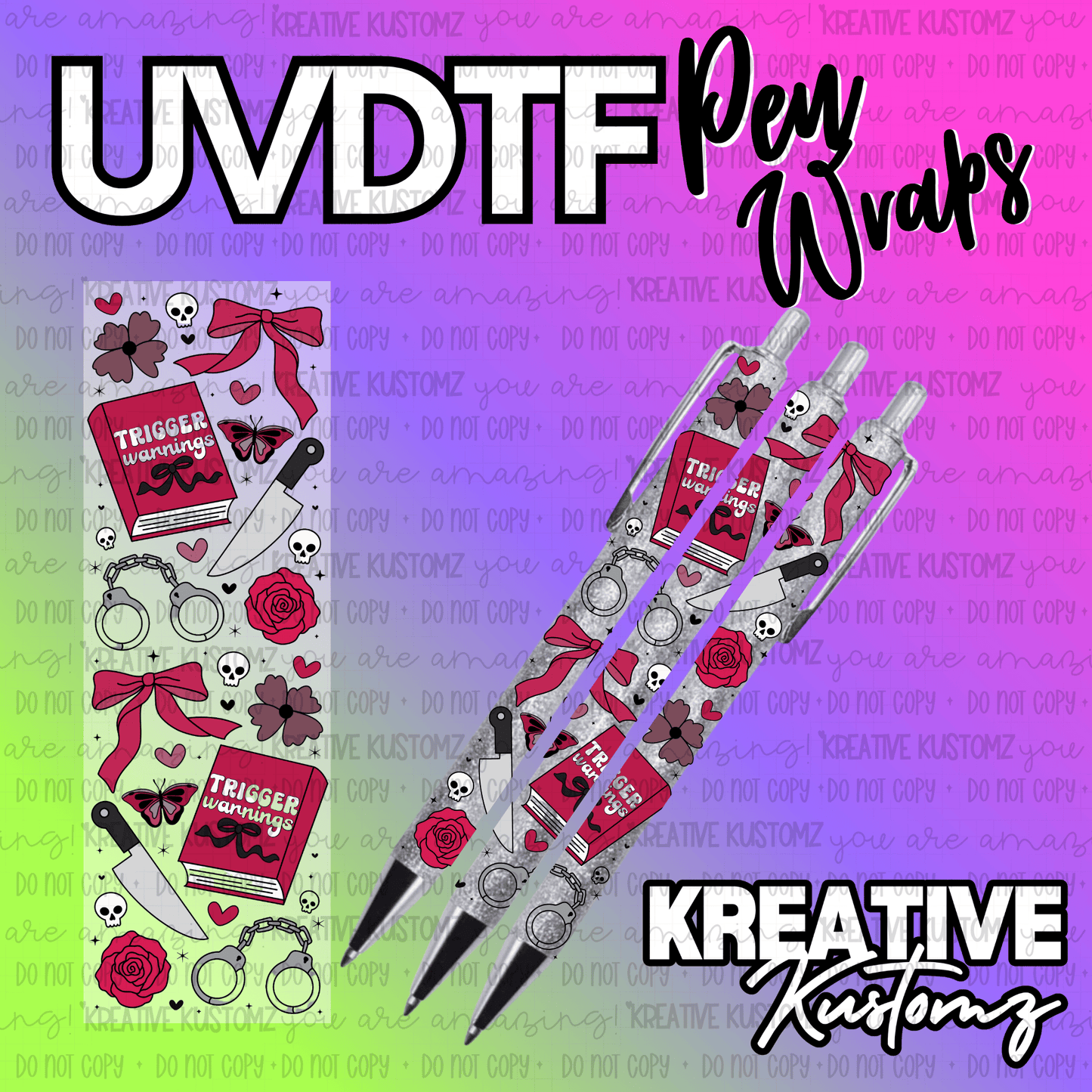 A rectangular UV DTF pen wrap featuring a dark aesthetic with books, skulls, roses, and handcuffs.