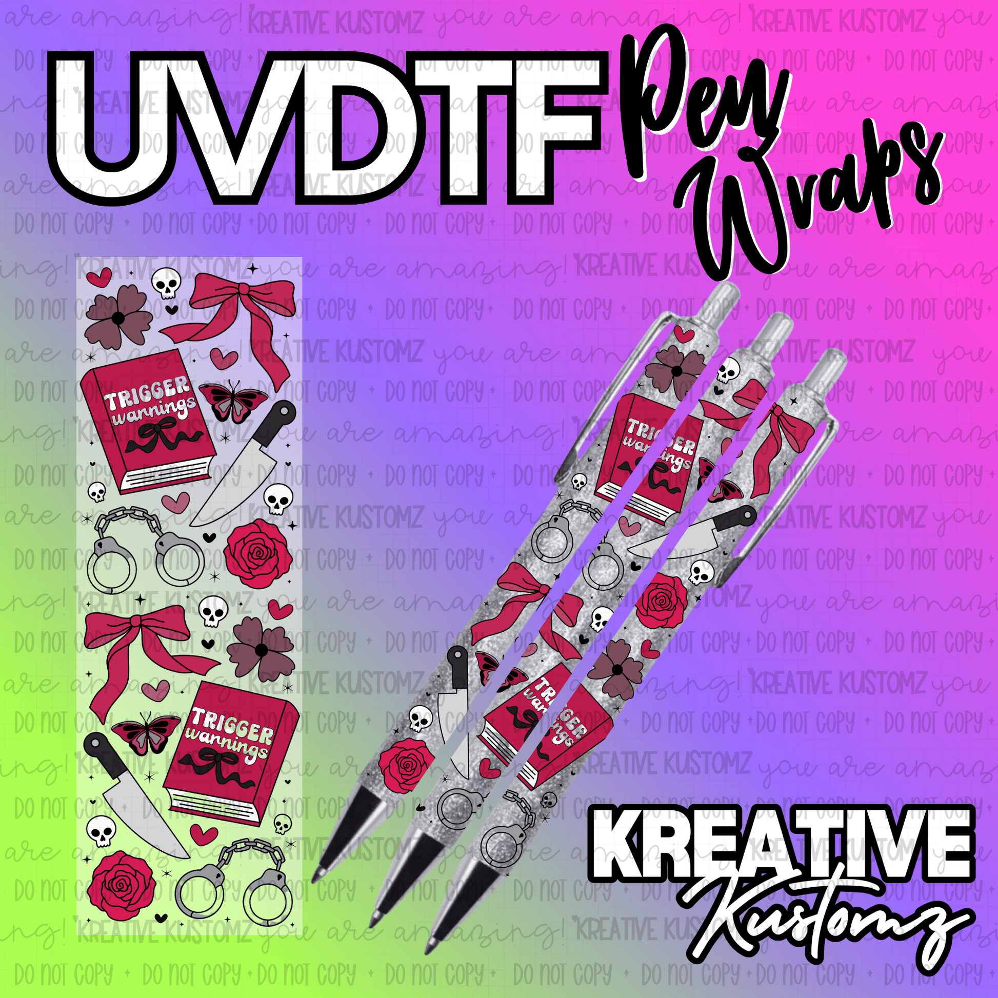 A rectangular UV DTF pen wrap featuring a dark aesthetic with books, skulls, roses, and handcuffs.
