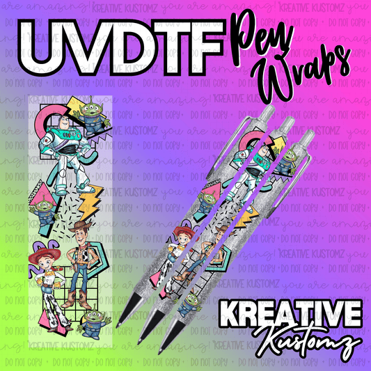 A Toy Story themed UV DTF adhesive pen wrap featuring Buzz, Woody, Jessie, and aliens.