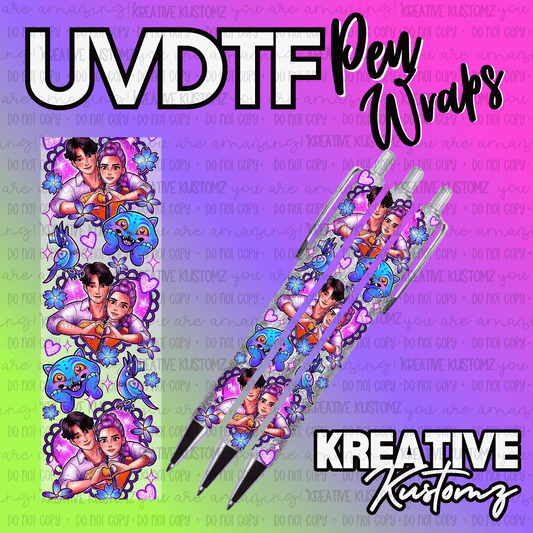 A UV DTF adhesive pen wrap featuring a couple making a heart shape surrounded by floral motifs.